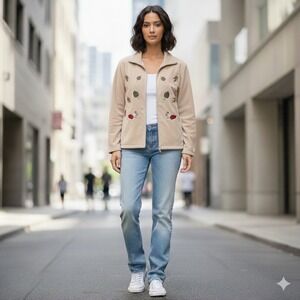 Nick & Sarah Zip Up Fleece Jacket Womens 1X Plus Size Beige Embroidered Leaves